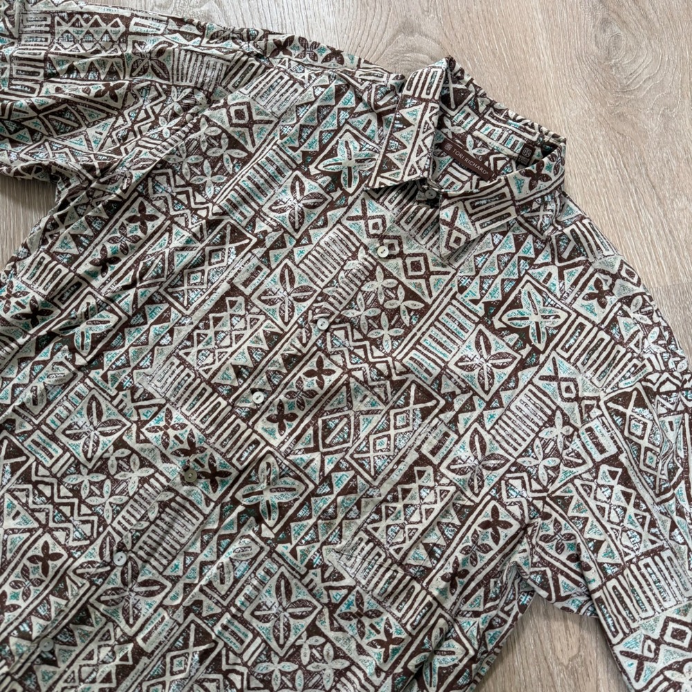 Tori Richard Cotton Lawn Aloha Shirt Mens XL Brown Teal Geometric Tapa Print